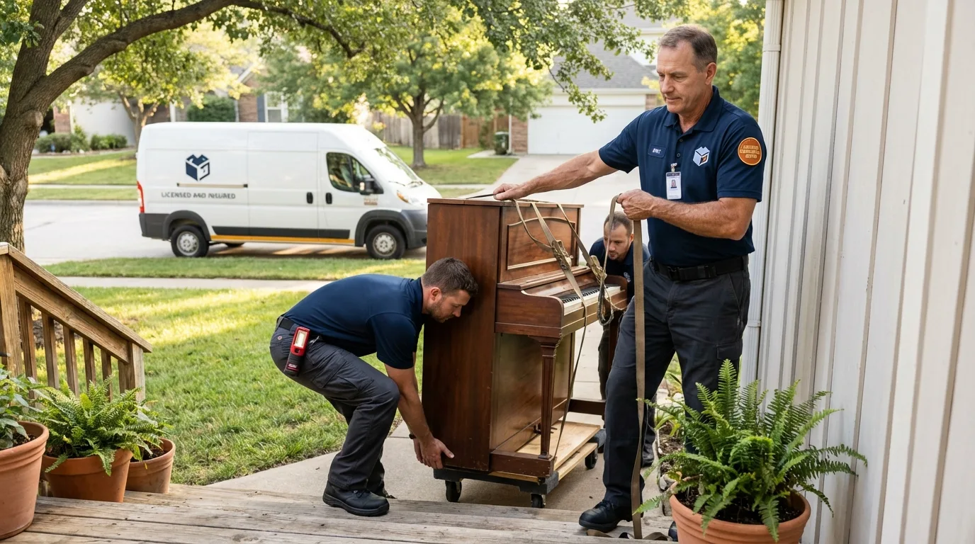Licensed piano movers securing grand piano in Amherst, OH
