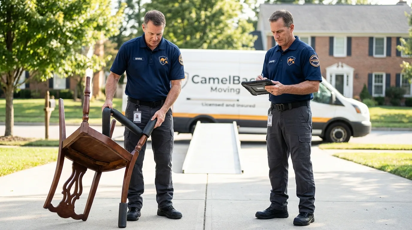Movers inspecting furniture for damage prevention before loading in Amherst, OH