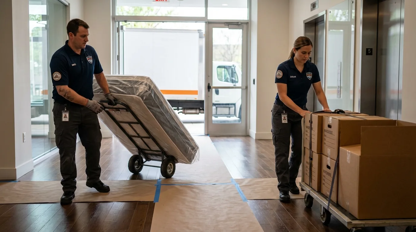 Professional apartment movers loading elevator in Amherst, OH